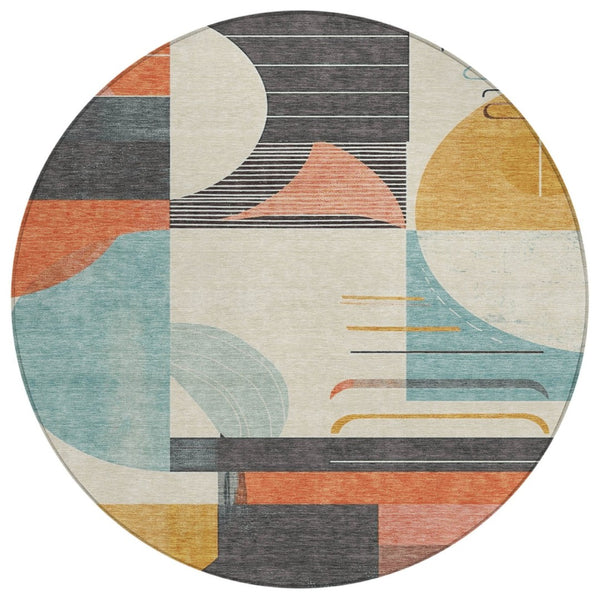 HomeRoots 5' Gray Gold and Salmon Geometric Area Rug - Stylish, Washable, Durable for Indoor and Outdoor Use 8' Round 617982