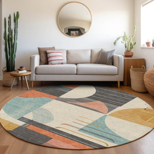 HomeRoots 5' Gray Gold and Salmon Geometric Area Rug - Stylish, Washable, Durable for Indoor and Outdoor Use 8' Round 617982