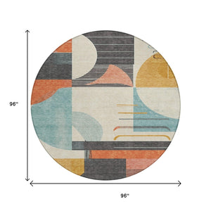 HomeRoots 5' Gray Gold and Salmon Geometric Area Rug - Stylish, Washable, Durable for Indoor and Outdoor Use 8' Round 617982