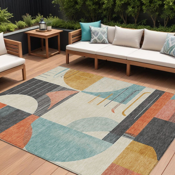 HomeRoots 5' Gray Gold and Salmon Geometric Area Rug - Stylish, Washable, Durable for Indoor and Outdoor Use 9' X 12' 617984