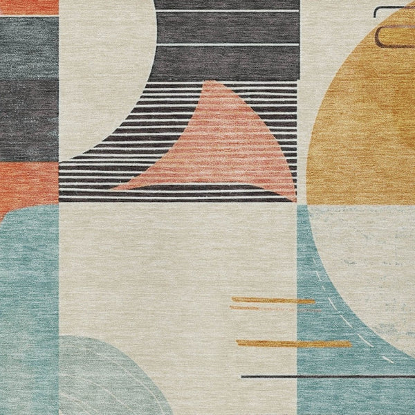 HomeRoots 5' Gray Gold and Salmon Geometric Area Rug - Stylish, Washable, Durable for Indoor and Outdoor Use 9' X 12' 617984
