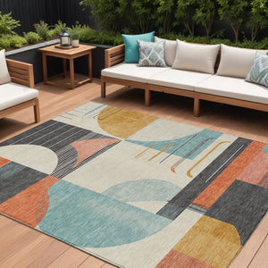HomeRoots 5' Gray Gold and Salmon Geometric Area Rug - Stylish, Washable, Durable for Indoor and Outdoor Use 10' X 14' 617985