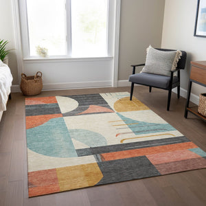 HomeRoots 5' Gray Gold and Salmon Geometric Area Rug - Stylish, Washable, Durable for Indoor and Outdoor Use 10' X 14' 617985