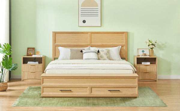 English Elm Queen Storage Bed with Geometric 3d Headboard Four Drawers and Walnut Finish W1820S00057