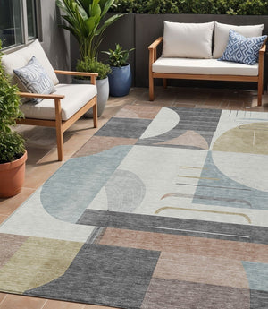 HomeRoots 5' Modern Rust Gray and Ivory Geometric Indoor Outdoor Area Rug for High-Traffic Spaces, Washable 5' X 8' 617993