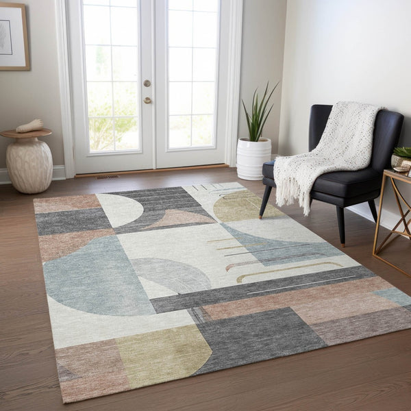 HomeRoots 5' Modern Rust Gray and Ivory Geometric Indoor Outdoor Area Rug for High-Traffic Spaces, Washable 5' X 8' 617993
