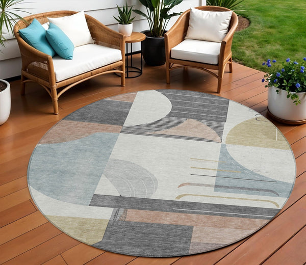 HomeRoots 5' Modern Rust Gray and Ivory Geometric Indoor Outdoor Area Rug for High-Traffic Spaces, Washable 8' Round 617994