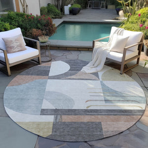 HomeRoots 5' Modern Rust Gray and Ivory Geometric Indoor Outdoor Area Rug for High-Traffic Spaces, Washable 8' Round 617994
