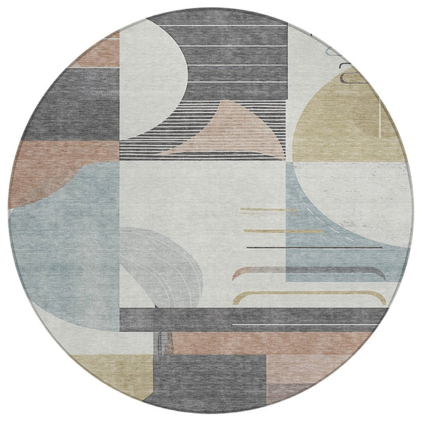 HomeRoots 5' Modern Rust Gray and Ivory Geometric Indoor Outdoor Area Rug for High-Traffic Spaces, Washable 8' Round 617994