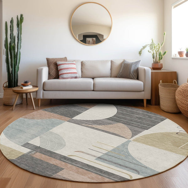 HomeRoots 5' Modern Rust Gray and Ivory Geometric Indoor Outdoor Area Rug for High-Traffic Spaces, Washable 8' Round 617994
