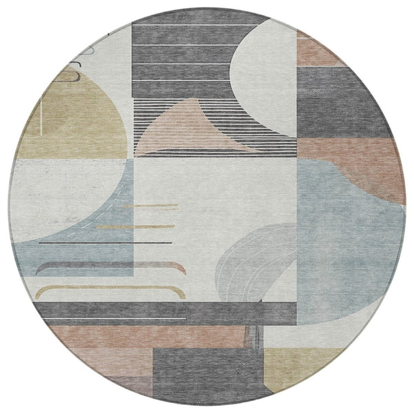 HomeRoots 5' Modern Rust Gray and Ivory Geometric Indoor Outdoor Area Rug for High-Traffic Spaces, Washable 8' Round 617994