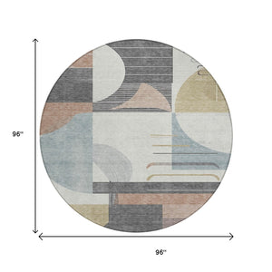 HomeRoots 5' Modern Rust Gray and Ivory Geometric Indoor Outdoor Area Rug for High-Traffic Spaces, Washable 8' Round 617994