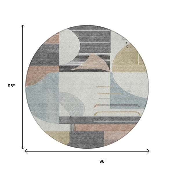 HomeRoots 5' Modern Rust Gray and Ivory Geometric Indoor Outdoor Area Rug for High-Traffic Spaces, Washable 8' Round 617994