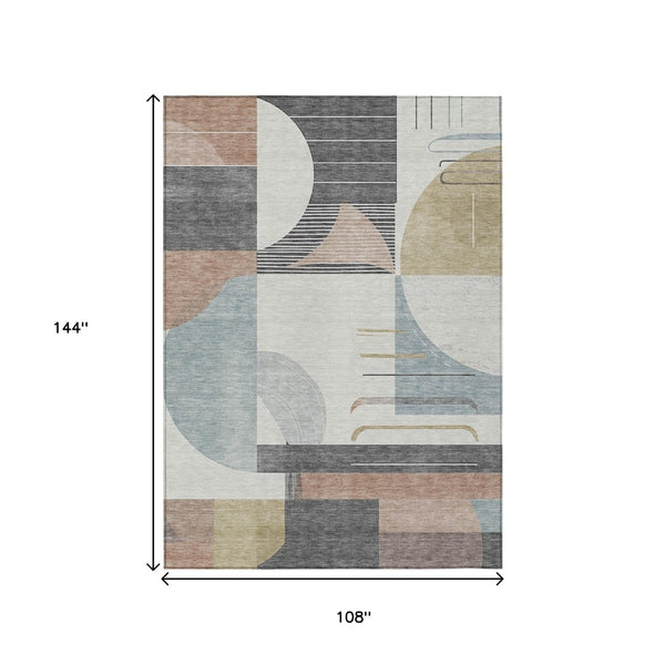 HomeRoots 5' Modern Rust Gray and Ivory Geometric Indoor Outdoor Area Rug for High-Traffic Spaces, Washable 9' X 12' 617996
