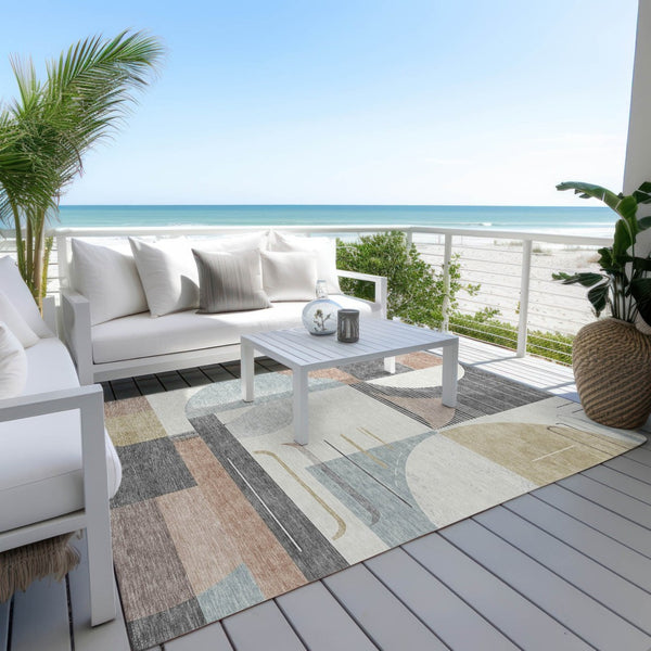 HomeRoots 5' Modern Rust Gray and Ivory Geometric Indoor Outdoor Area Rug for High-Traffic Spaces, Washable 10' X 14' 617997