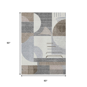HomeRoots 5' Modern Taupe Gray and Ivory Geometric Washable Area Rug for Indoor and Outdoor Spaces 5' X 8' 617999