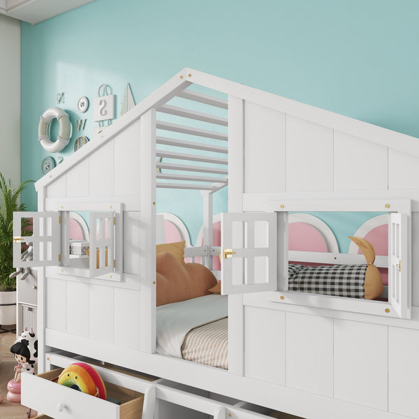 English Elm Full Size House Loft Bed With Roof & Windows, 4 Storage Drawers, Pine Wood, Safe Guardrails & Ladder W504S00242
