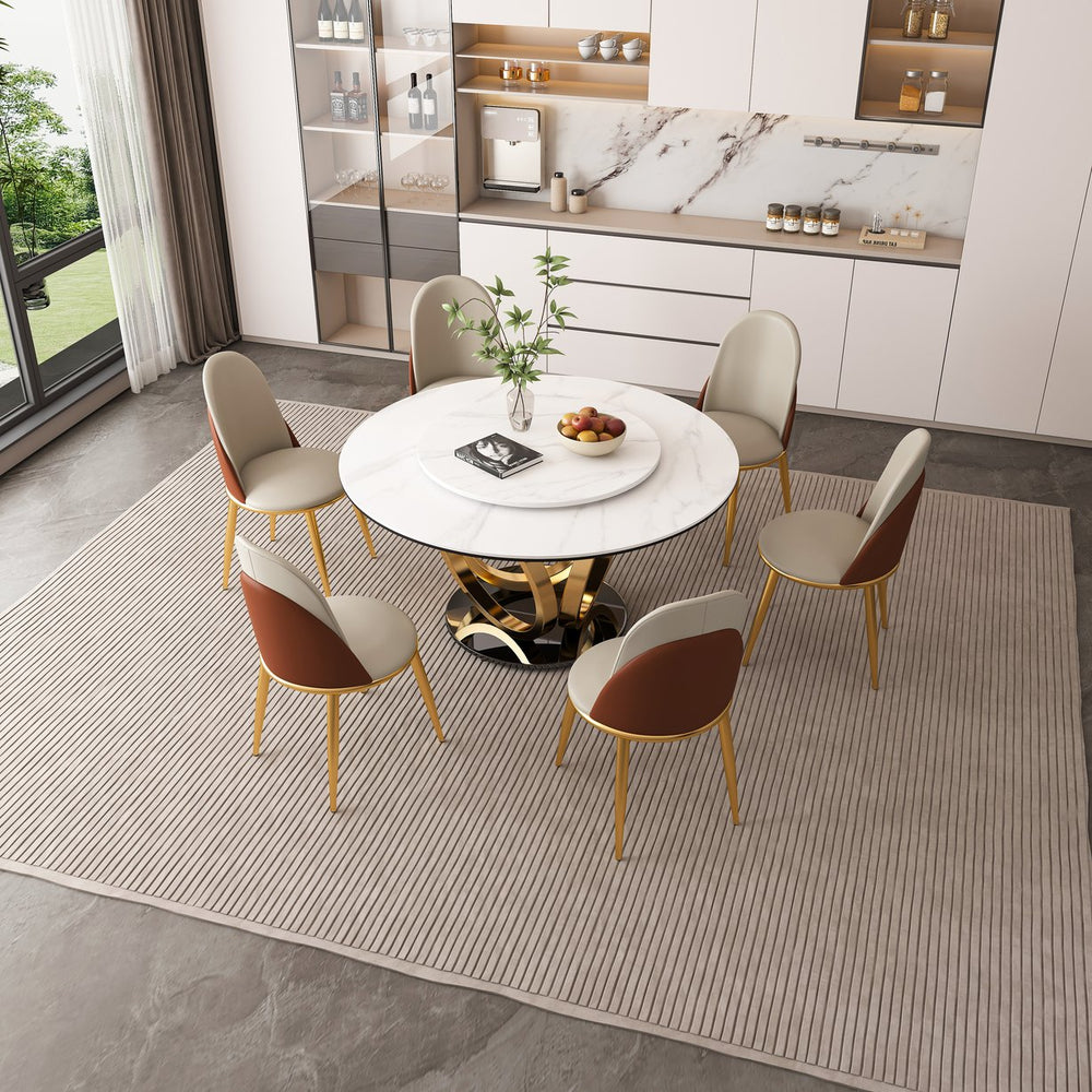 English Elm 53" Round Dining Table With 360° Lazy Susan - Stain-Resistant Sintered Stone For Modern Homes W2699S00034