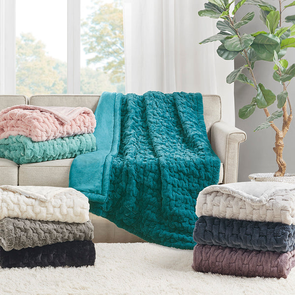 JLA Home Madison Park - Throw Ruched Faux Fur Throw with Plush Faux Mink Reverse, OEKO‑TEX Certified, Machine Washable Luxury Aqua MP50-4877