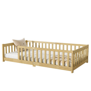 English Elm Twin Size Floor Bed With Safety Guardrails, Eco-Friendly Rubberwood Design For Toddler Independence W504P286397-GIGA