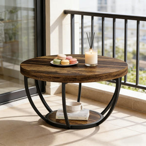 English Elm 2-tier Round Coffee Table Engineered Wood Top Arc Steel Legs Living Room Accent Rustic T3971P453343