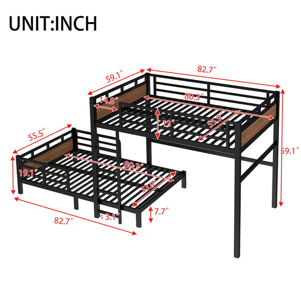 English Elm Full Xl Metal Bunk Bed In Walnut - Versatile Separable Loft Bed With Safety Fence & Strong Frame W1580S00229