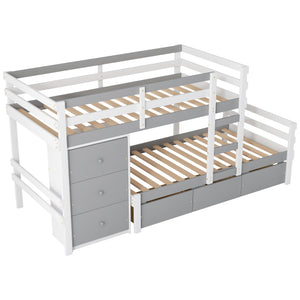 English Elm Twin Loft Bunk Bed with Built-In Drawers and Ladder, Space-Saving Twin over Twin Pine MDF Design Gray GX000424AAE