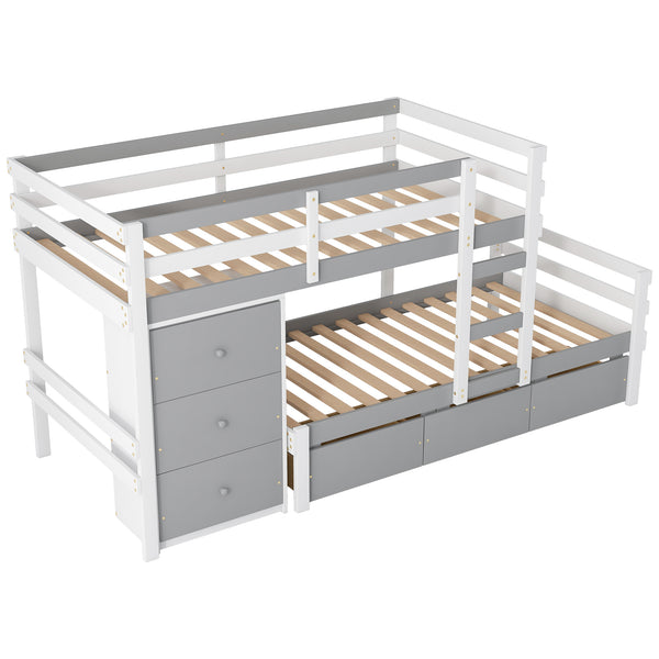 English Elm Twin Loft Bunk Bed with Built-In Drawers and Ladder, Space-Saving Twin over Twin Pine MDF Design Gray GX000424AAE