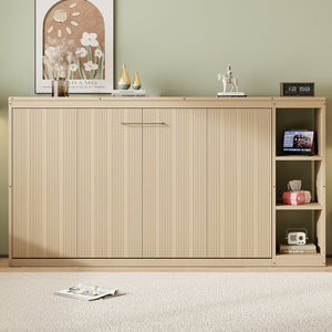 English Elm Twin Space-Saving Murphy Bed with Bookshelf and Fold-Down Desk, LVL/MDF, Compact Modern Design Natural GX002221AAN