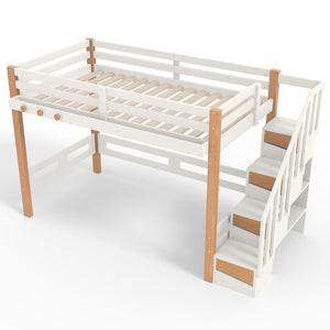 English Elm Twin Pine Wood Loft Bed with Built-in Shelving and Hook for Kids Bedroom W5305S00010