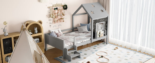 English Elm Full Bunk Bed with Trundle Bookshelf Storage Pine Frame Car Design for Kids Gray W1580S00294
