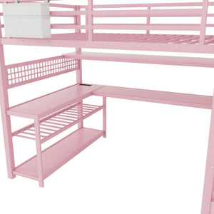 English Elm Full Size Steel Loft Bed with Staircase Storage Wardrobe Desk and Led Lighting Pink W2593S00077