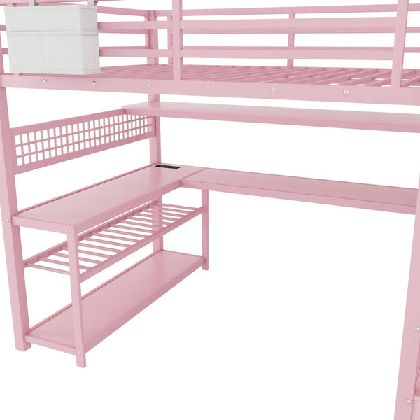 English Elm Full Size Steel Loft Bed with Staircase Storage Wardrobe Desk and Led Lighting Pink W2593S00077