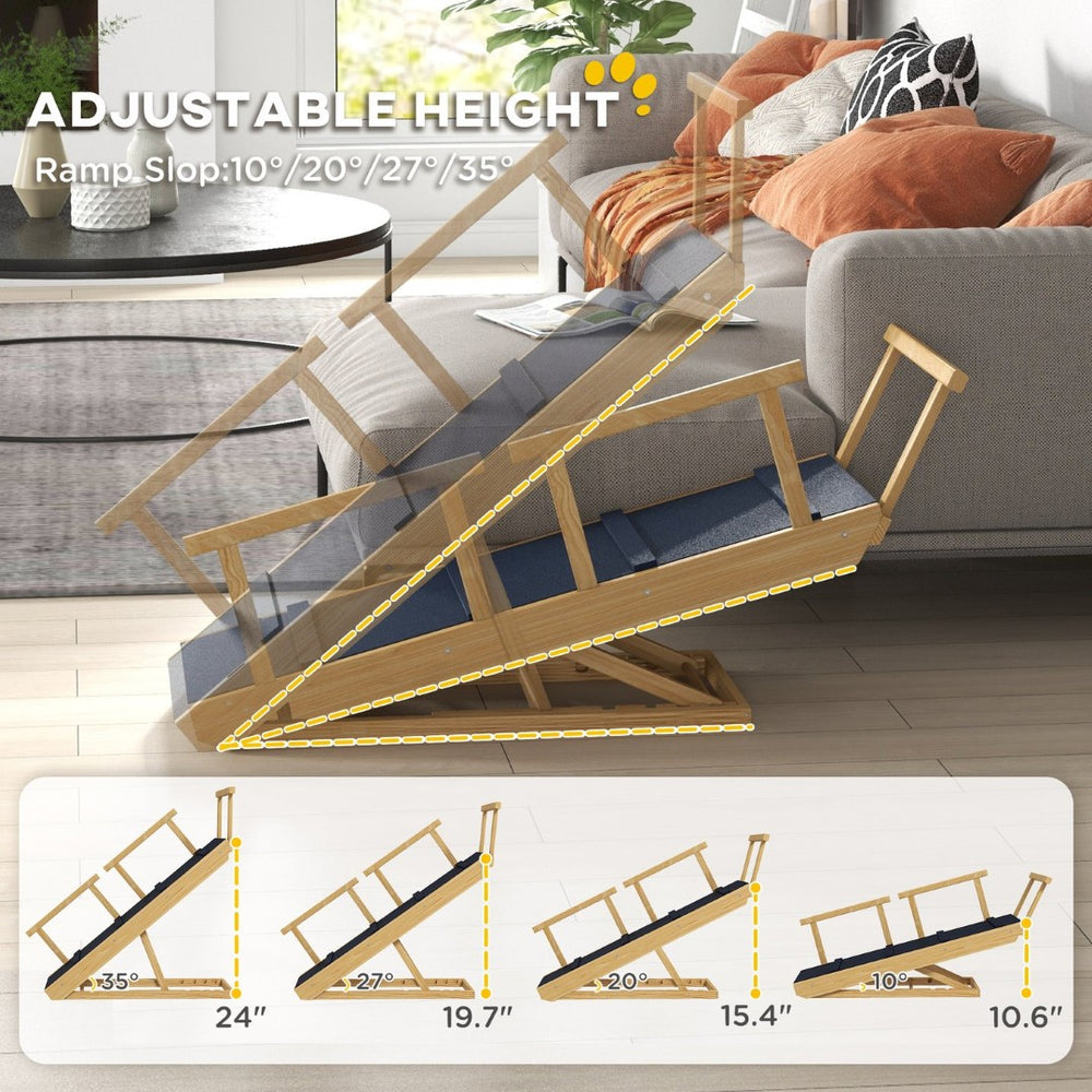 English Elm Adjustable Pine Wood Pet Stairs Foldable Dog Ramp with Guardrails for Safe Climbing T3971P406543