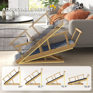 English Elm Adjustable Pine Wood Pet Stairs Foldable Dog Ramp with Guardrails for Safe Climbing T3971P406543
