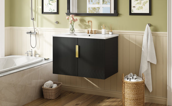English Elm 30" Vintage Bathroom Vanity with Ceramic Sink — Wall-Mount MDF & Solid Wood Cabinet, Storage, Sleek Finish Black N710P214100B