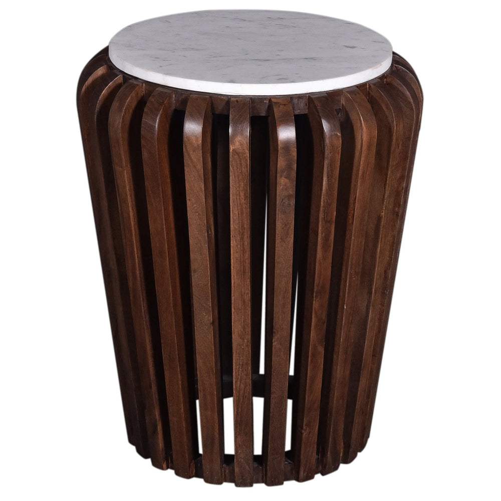 English Elm Modern Solid Wood Round End Table with White Marble Top, Acacia Slatted Base, Durable Elegant Decor B2741P286096