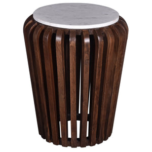 English Elm Modern Solid Wood Round End Table with White Marble Top, Acacia Slatted Base, Durable Elegant Decor B2741P286096