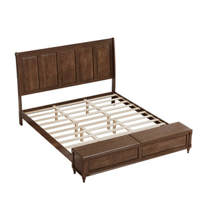 English Elm Queen Sleigh Bed Solid Rubberwood Walnut Finish Curved Headboard Footboard Storage Bench Walnut Brown W1716S00036