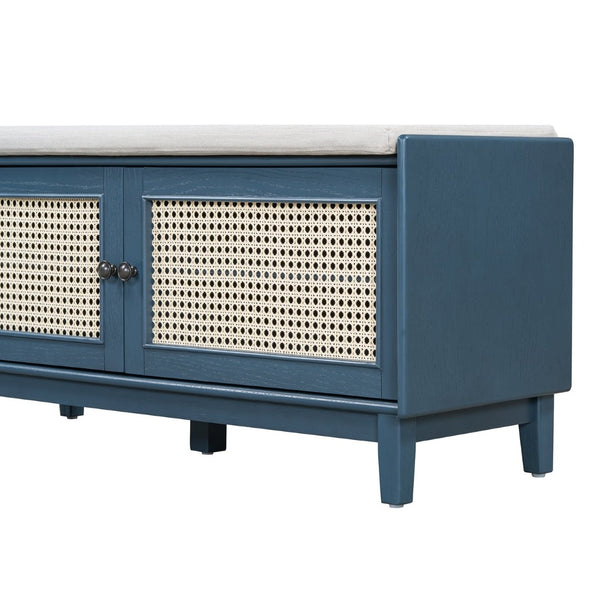 English Elm Trexm Bohemian Rattan Storage Bench Cushioned Seat Shoe Cabinet for Entryway Antique Navy,Beige N715P308012M