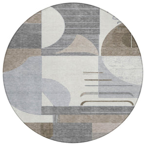 HomeRoots 5' Modern Taupe Gray and Ivory Geometric Washable Area Rug for Indoor and Outdoor Spaces 8' Round 618000