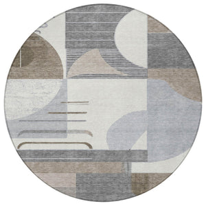 HomeRoots 5' Modern Taupe Gray and Ivory Geometric Washable Area Rug for Indoor and Outdoor Spaces 8' Round 618000
