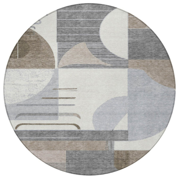 HomeRoots 5' Modern Taupe Gray and Ivory Geometric Washable Area Rug for Indoor and Outdoor Spaces 8' Round 618000