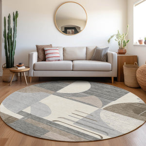 HomeRoots 5' Modern Taupe Gray and Ivory Geometric Washable Area Rug for Indoor and Outdoor Spaces 8' Round 618000