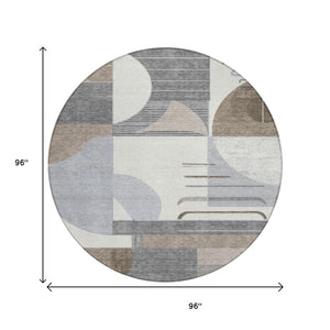 HomeRoots 5' Modern Taupe Gray and Ivory Geometric Washable Area Rug for Indoor and Outdoor Spaces 8' Round 618000