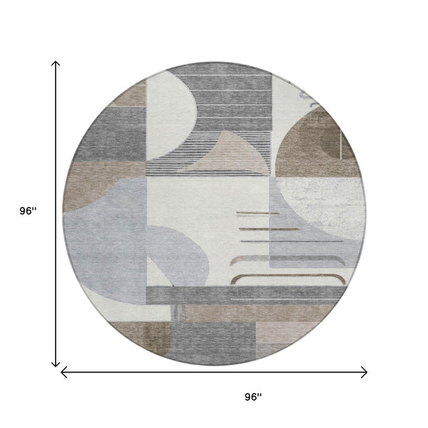 HomeRoots 5' Modern Taupe Gray and Ivory Geometric Washable Area Rug for Indoor and Outdoor Spaces 8' Round 618000