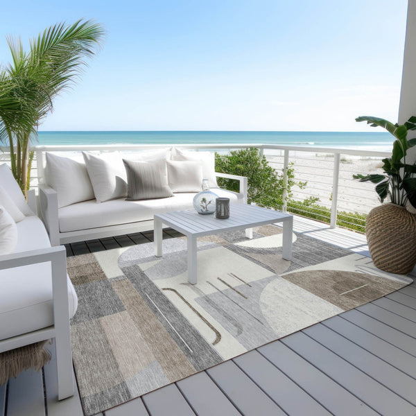 HomeRoots 5' Modern Taupe Gray and Ivory Geometric Washable Area Rug for Indoor and Outdoor Spaces 10' X 14' 618003