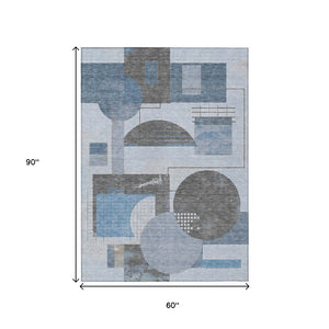 HomeRoots 5' Stylish Blue and Gray Geometric Area Rug for Indoor and Outdoor Spaces - Durable and Washable 5' X 8' 618011
