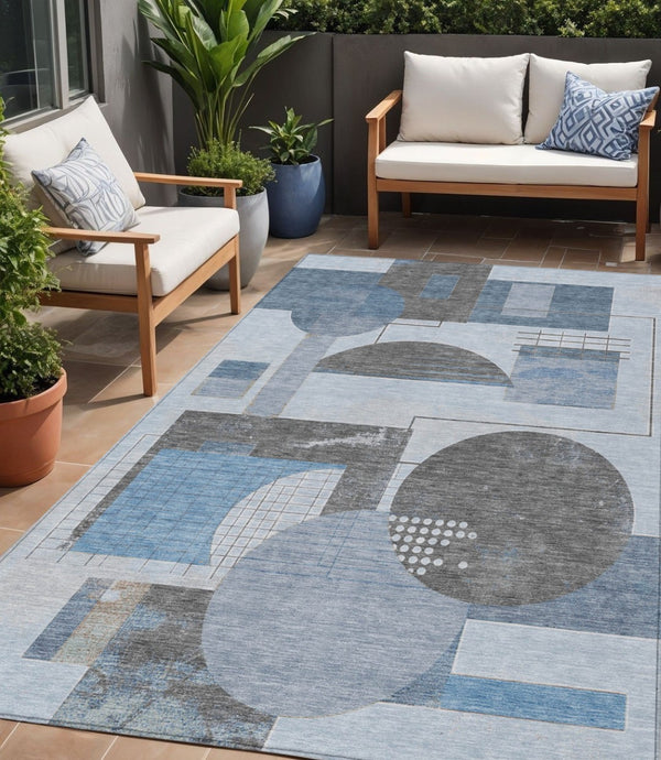 HomeRoots 5' Stylish Blue and Gray Geometric Area Rug for Indoor and Outdoor Spaces - Durable and Washable 5' X 8' 618011
