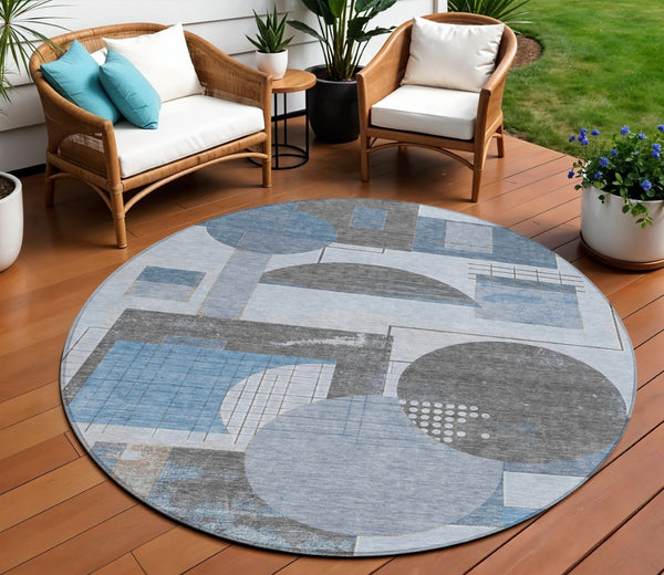 HomeRoots 5' Stylish Blue and Gray Geometric Area Rug for Indoor and Outdoor Spaces - Durable and Washable 8' Round 618012